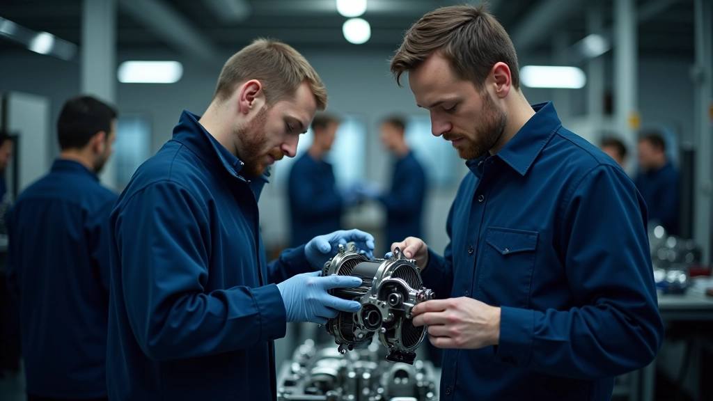 Suured automasinad ja insenerid töötavad keeruliste mootorite ja komponentidega näitusehangaris
