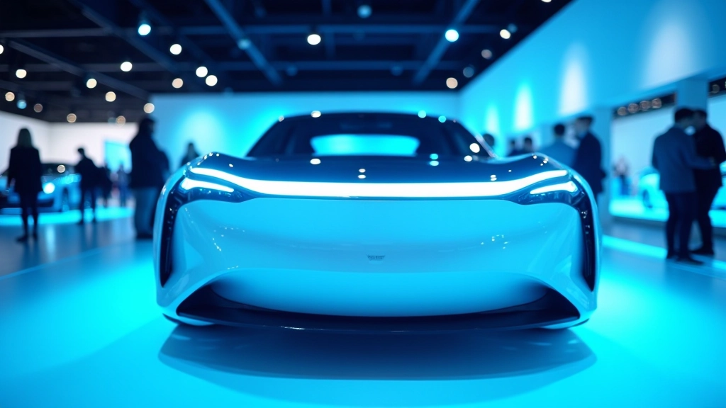 Detroidi messil elektriautode ekspositsioon, hõõgleva LED-valgustusega ja tänapäevaste disainilahenduste esitus