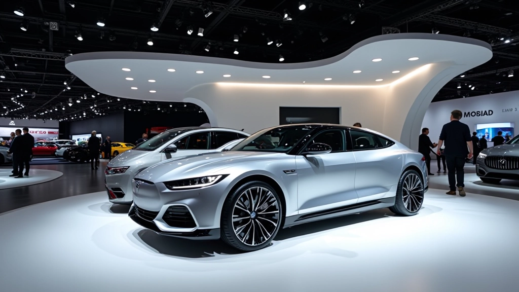 Pariisi automessi näitus halli ja valge kujundusega, minimalistlik ja elegantne
